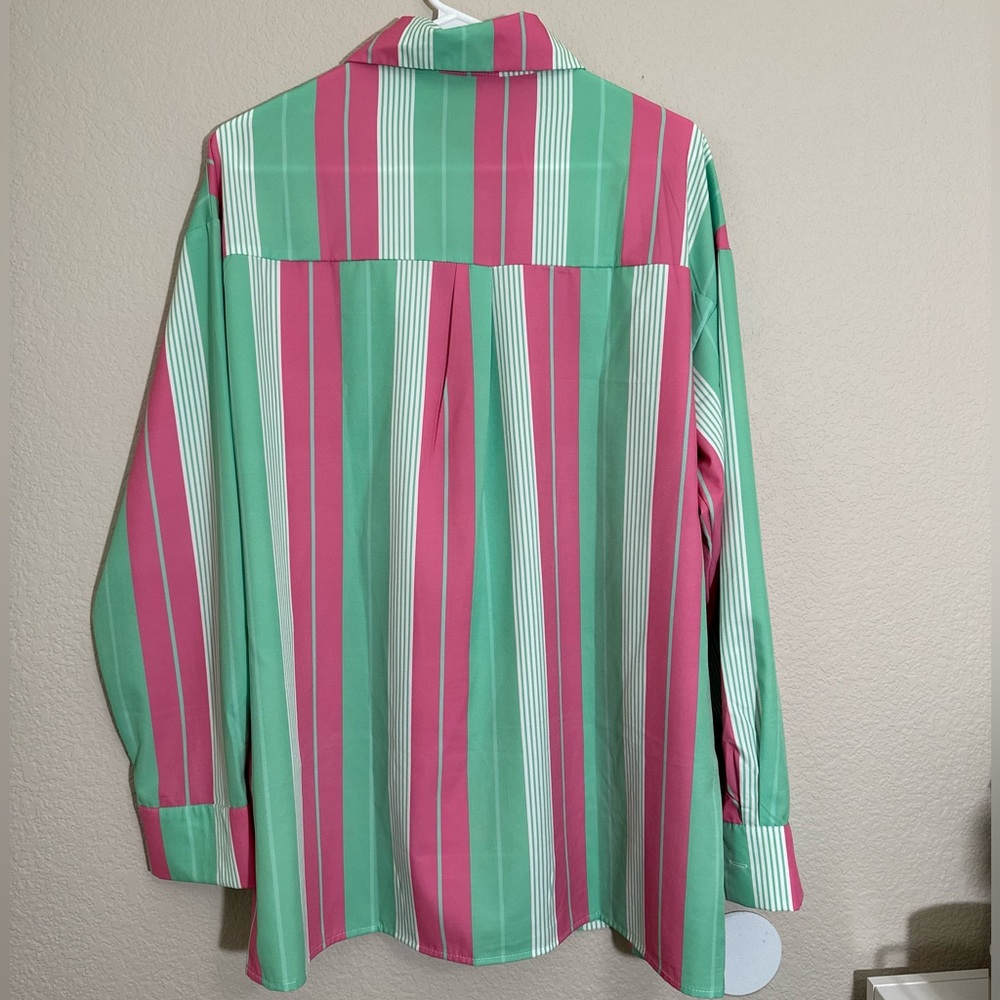 Oversized-Striped Drop Shoulder Button Up Blouse - image 7